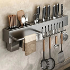 Suporte de Parede em Inox com Porta Facas e Organizador de Talheres