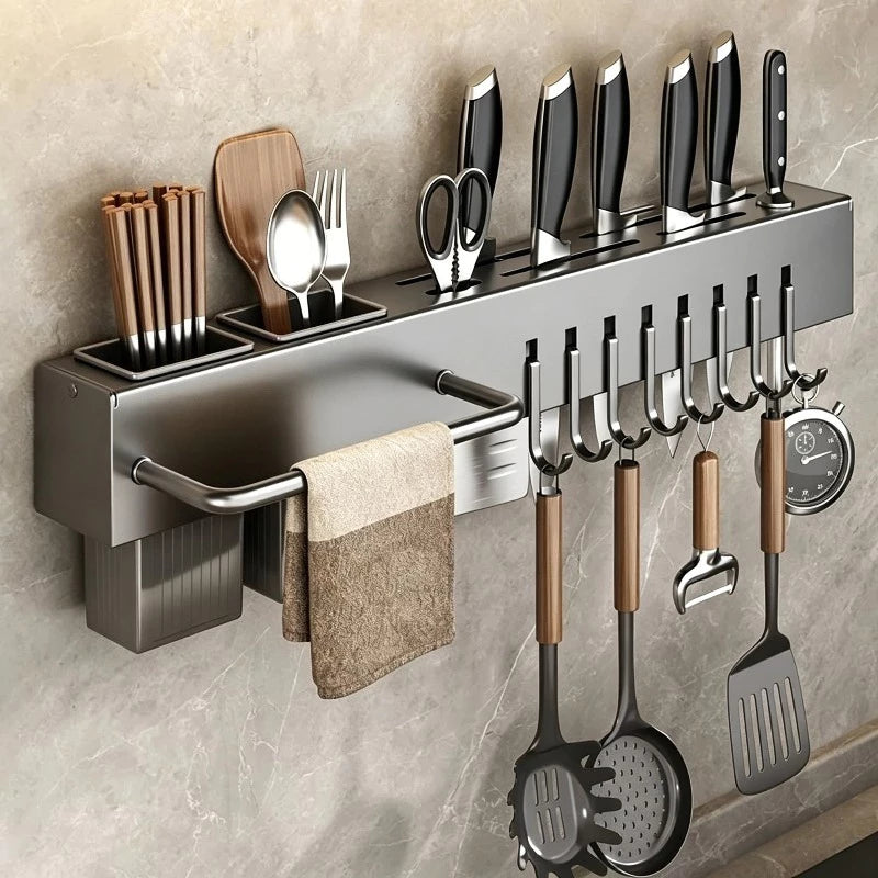 Suporte de Parede em Inox com Porta Facas e Organizador de Talheres