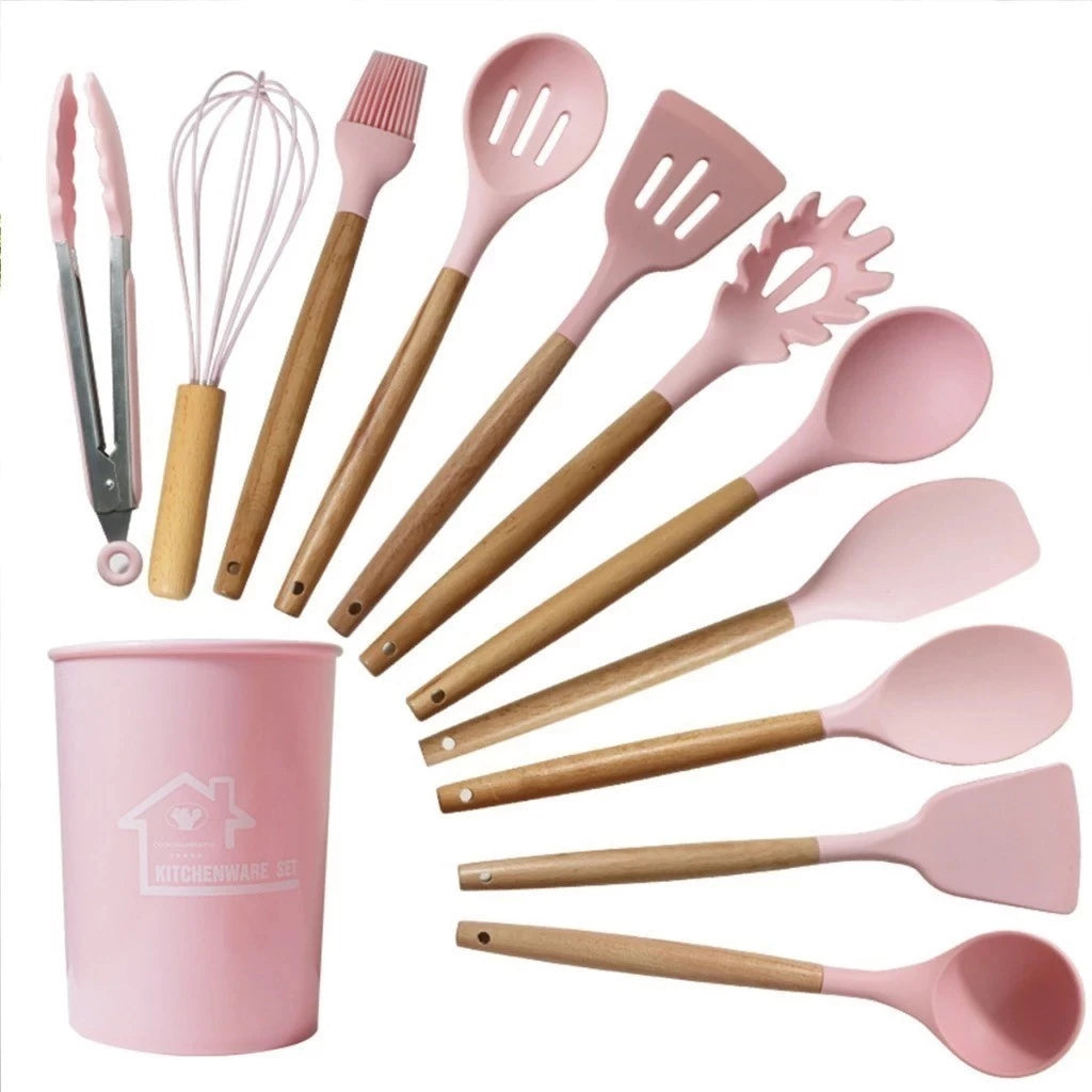 Kit 12 Utensílios de Cozinha em Silicone e Bambu – Completo e Resistente