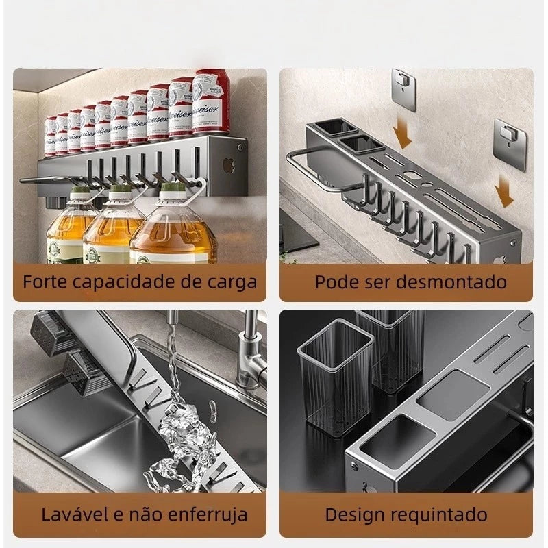 Suporte de Parede em Inox com Porta Facas e Organizador de Talheres