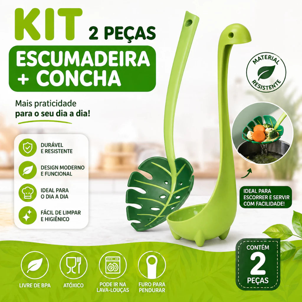 Escumadeira Folha Verde + Concha Dinossauro Utensílio de Cozinha 30 cm Legumes Massa Noque Cozimento