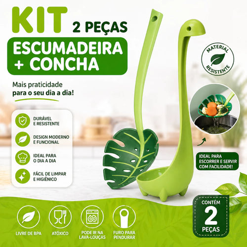 Escumadeira Folha Verde + Concha Dinossauro Utensílio de Cozinha 30 cm Legumes Massa Noque Cozimento