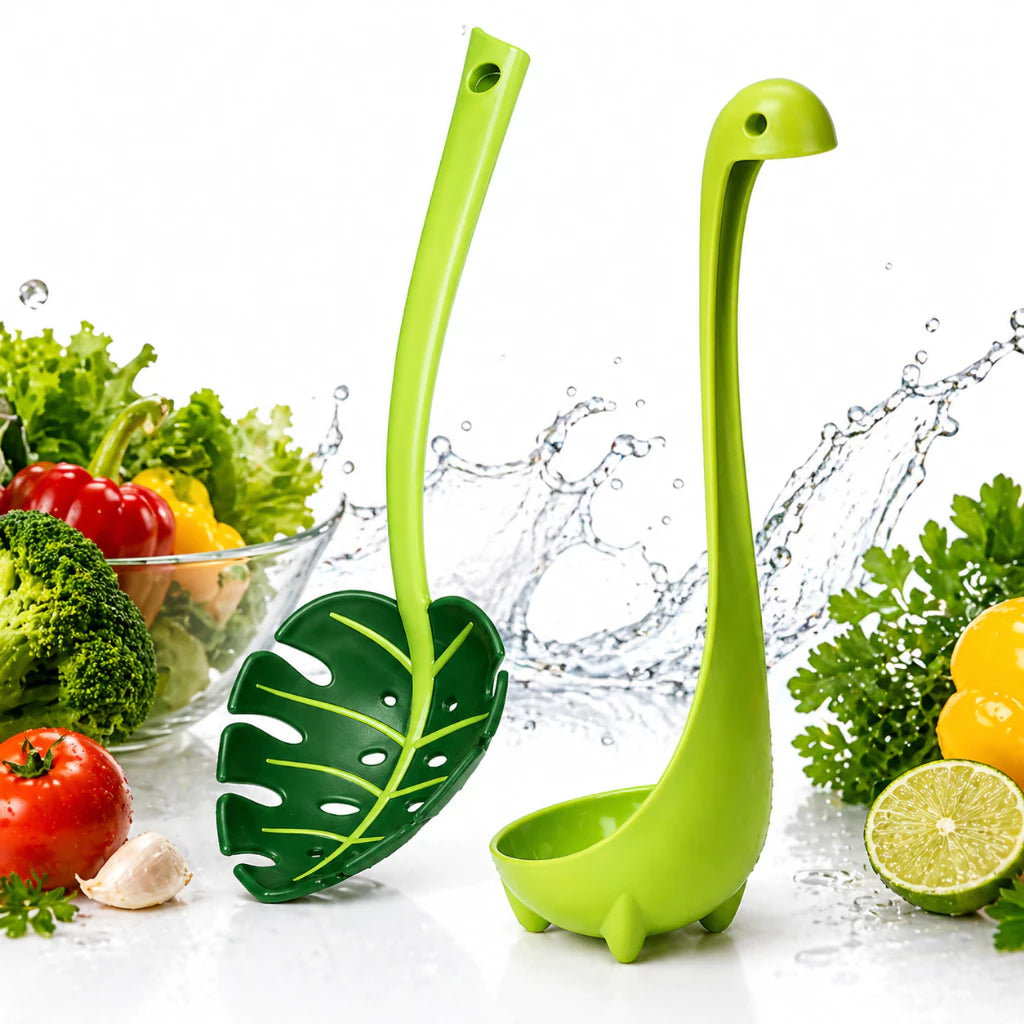 Escumadeira Folha Verde + Concha Dinossauro Utensílio de Cozinha 30 cm Legumes Massa Noque Cozimento