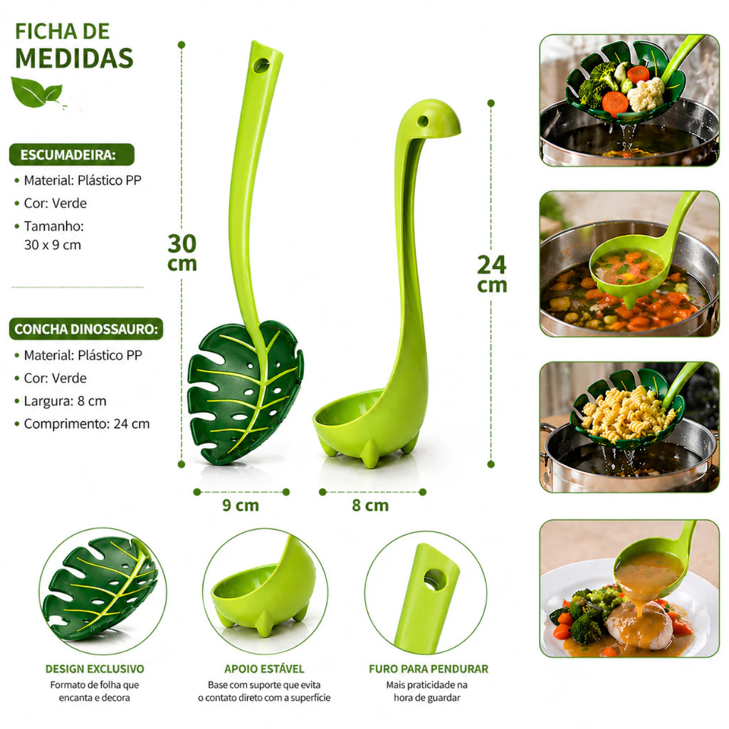 Escumadeira Folha Verde + Concha Dinossauro Utensílio de Cozinha 30 cm Legumes Massa Noque Cozimento