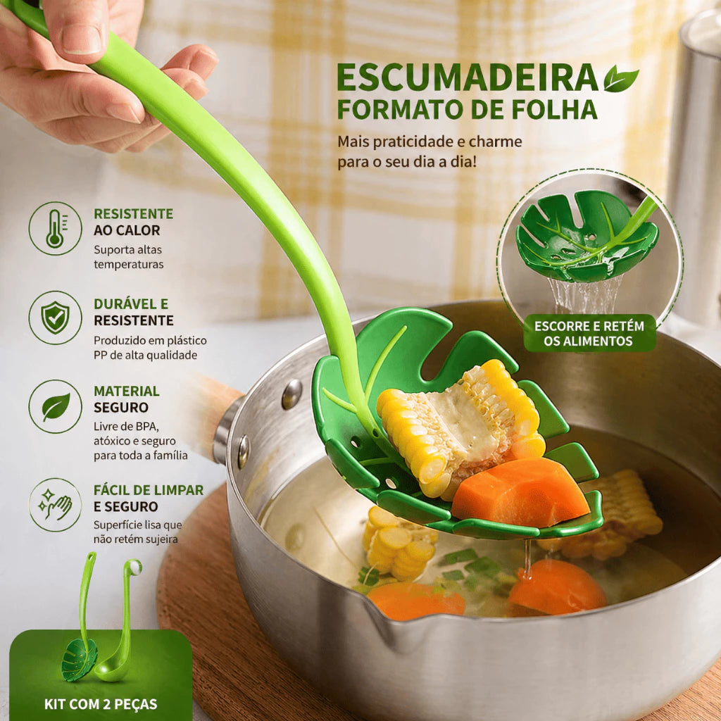 Escumadeira Folha Verde + Concha Dinossauro Utensílio de Cozinha 30 cm Legumes Massa Noque Cozimento