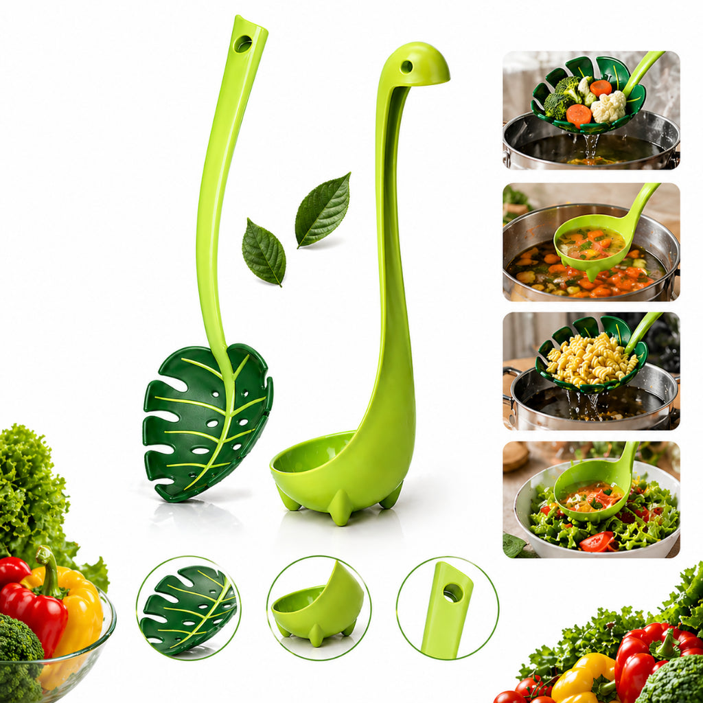 Escumadeira Folha Verde + Concha Dinossauro Utensílio de Cozinha 30 cm Legumes Massa Noque Cozimento