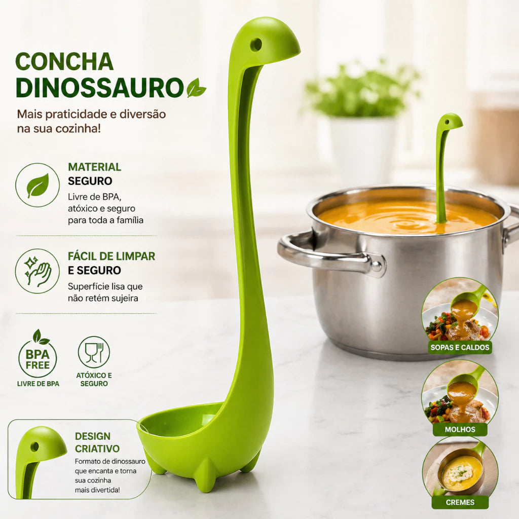 Escumadeira Folha Verde + Concha Dinossauro Utensílio de Cozinha 30 cm Legumes Massa Noque Cozimento