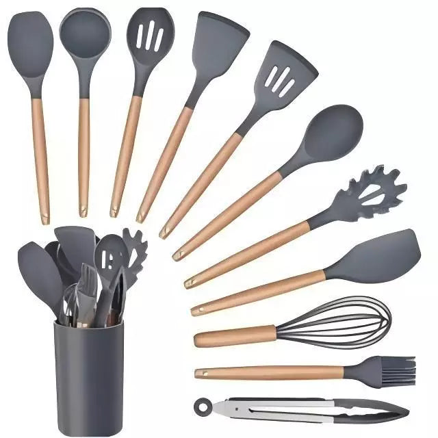 Kit 12 Utensílios de Cozinha em Silicone e Bambu – Completo e Resistente