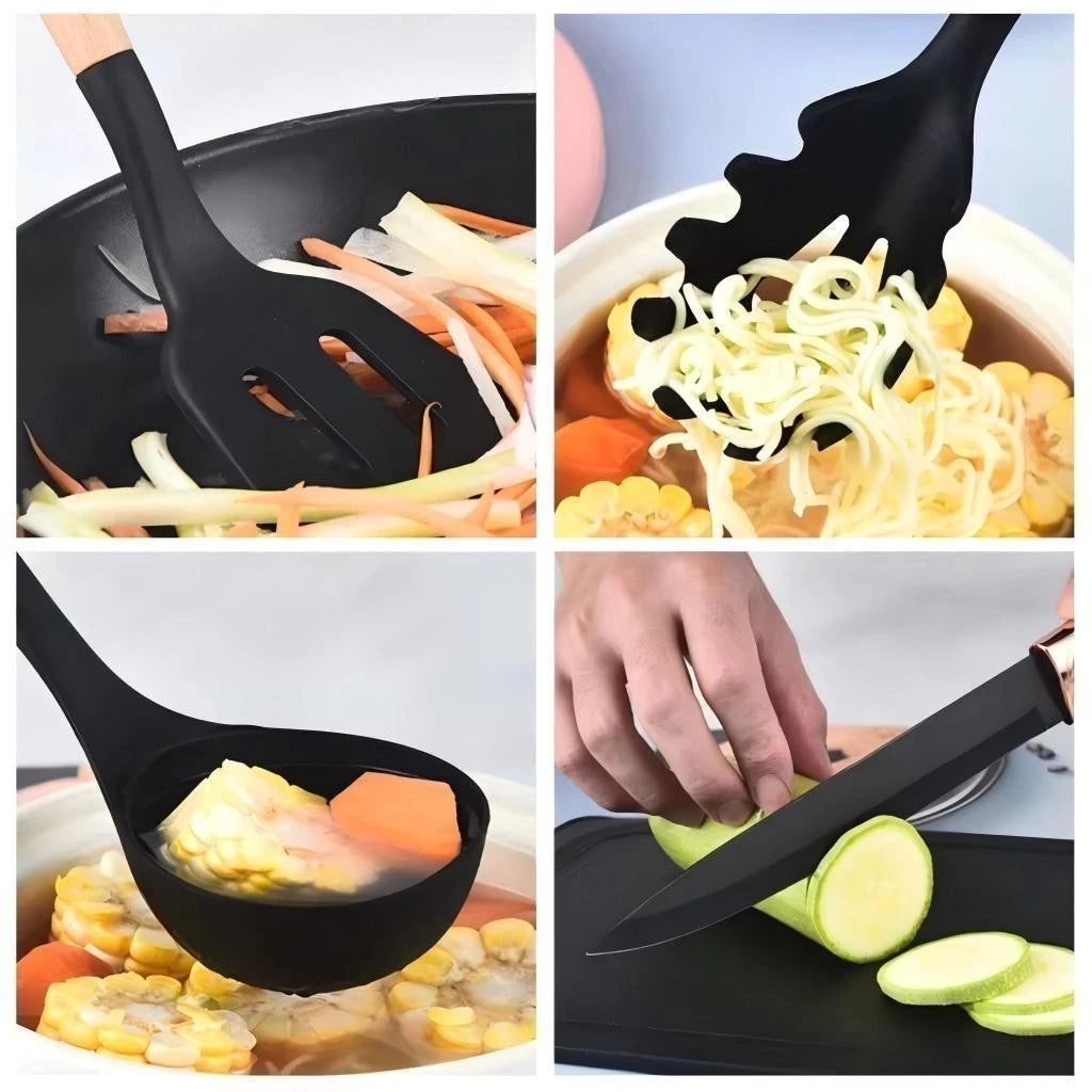 Kit 12 Utensílios de Cozinha em Silicone e Bambu – Completo e Resistente