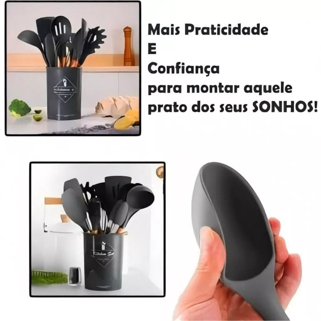 Kit 12 Utensílios de Cozinha em Silicone e Bambu – Completo e Resistente
