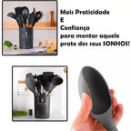 Kit 12 Utensílios de Cozinha em Silicone e Bambu – Completo e Resistente