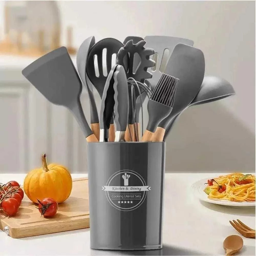 Kit 12 Utensílios de Cozinha em Silicone e Bambu – Completo e Resistente
